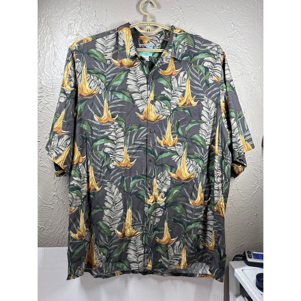Reyn Spooner Gray Tropical Floral Print Button Front Hawaiian Shirt Size‎ 2XL